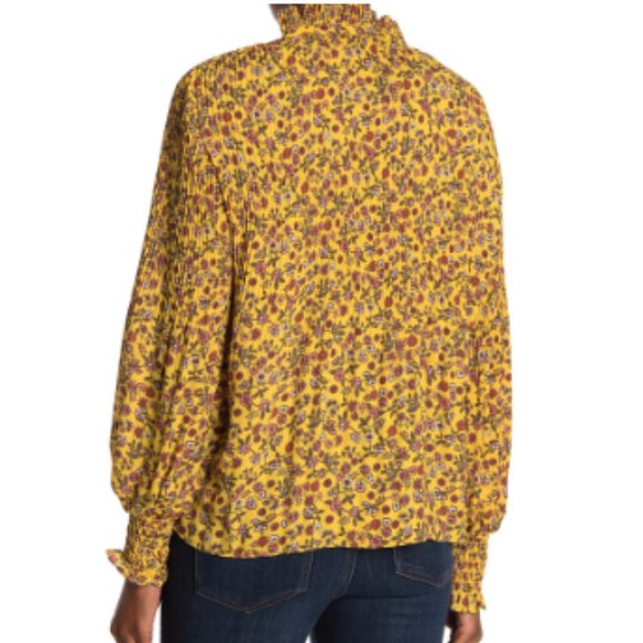 NEW Max Studio Yellow Floral Print Tie Neck Long Sleeve Release Pleat Blouse MED - Picture 4 of 12